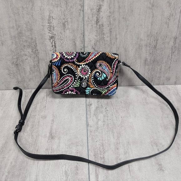 Vera Bradley Turnlock Bandana Swirl Black Paisley Multicolor Petite Crossbody - Picture 1 of 12